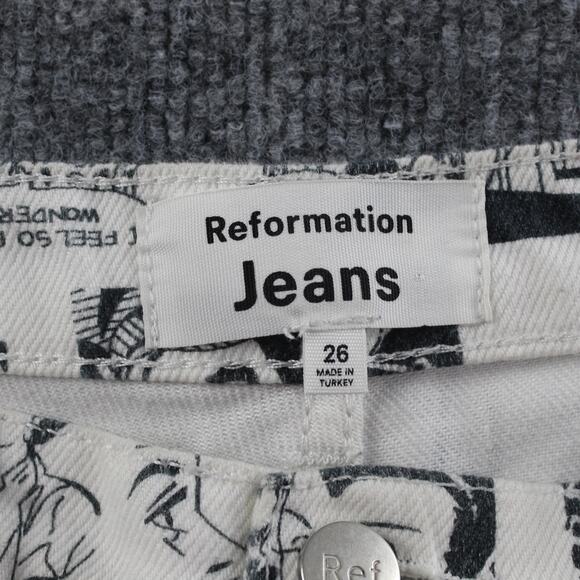 Reformation Jeans 26 Straight Leg Comic Print Newsprint High Rise White Denim - Picture 9 of 16